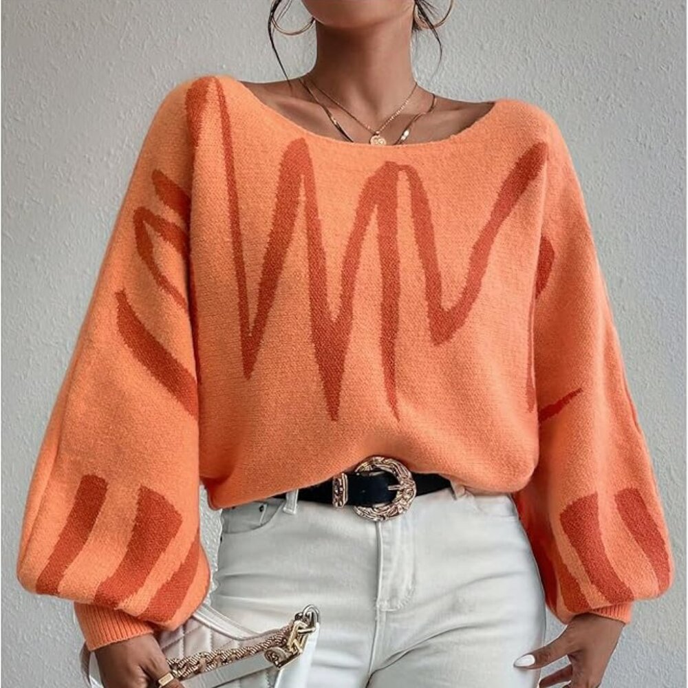 Graphic pattern lantern sleeve sweater orange